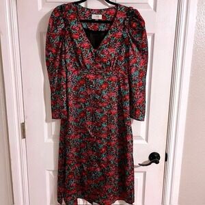 J. Crew Collection Floral Midi Dress Puff Sleeve V‎ Neck Red Pink Green 4